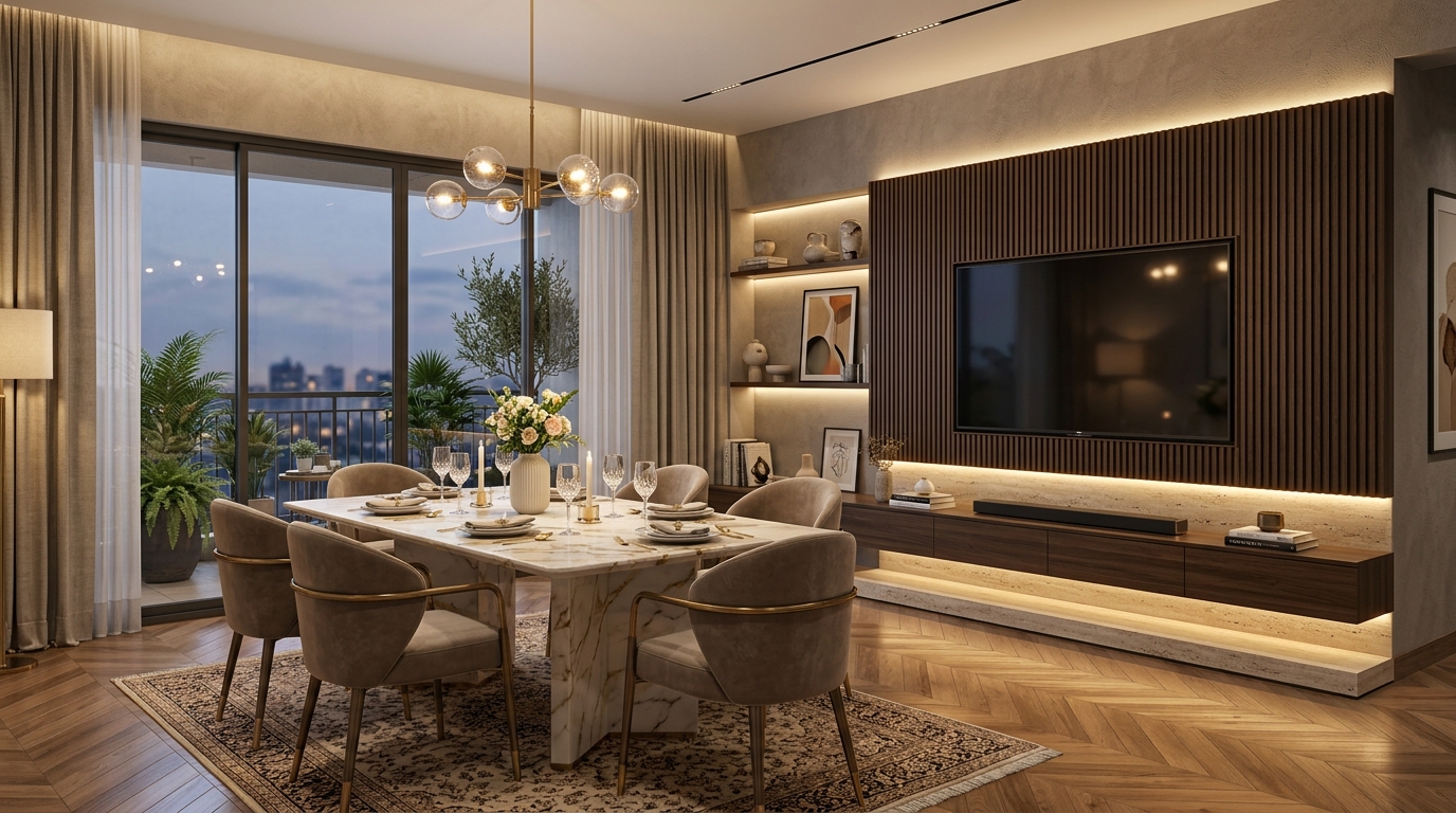 Contemporary TV Entertainment Wall and Dining